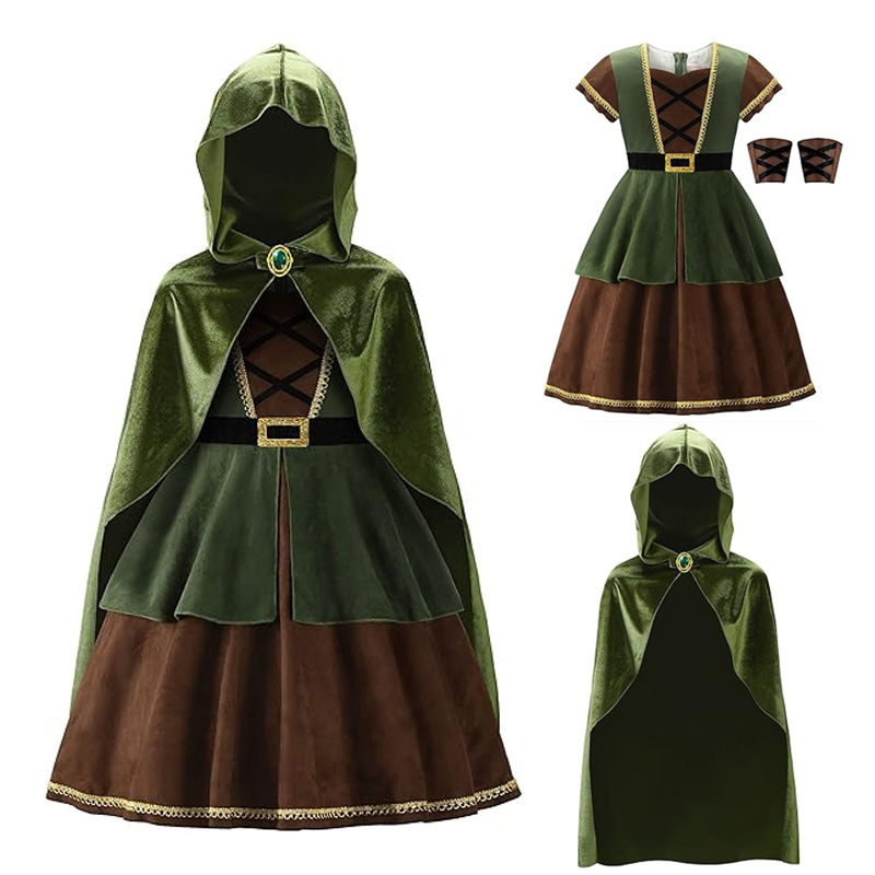 Halloween Costume Kids - 子供中世フード付きマントドレス手首ガード付き女の子グリーン魔女ウィザードエルフコスプレ衣装ハロウィンカーニバルパーティー衣装