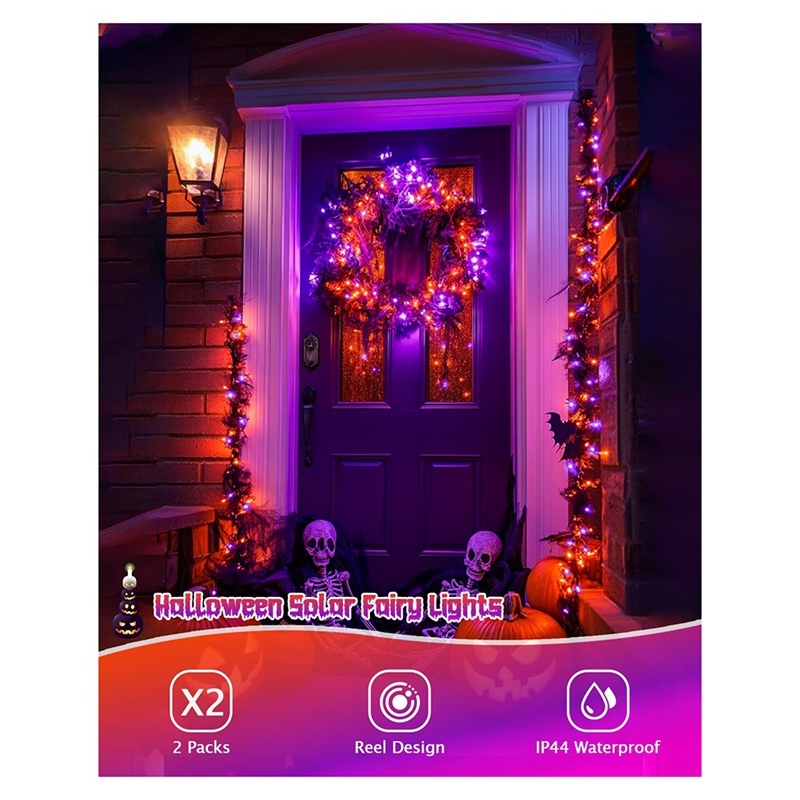 Halloween Led String Lights Orange - DT16 ソーラーハロウィンストリングライト、8つのモード、オレンジパープルLED、防水、屋外パーティー装飾用、不気味な雰囲気作り