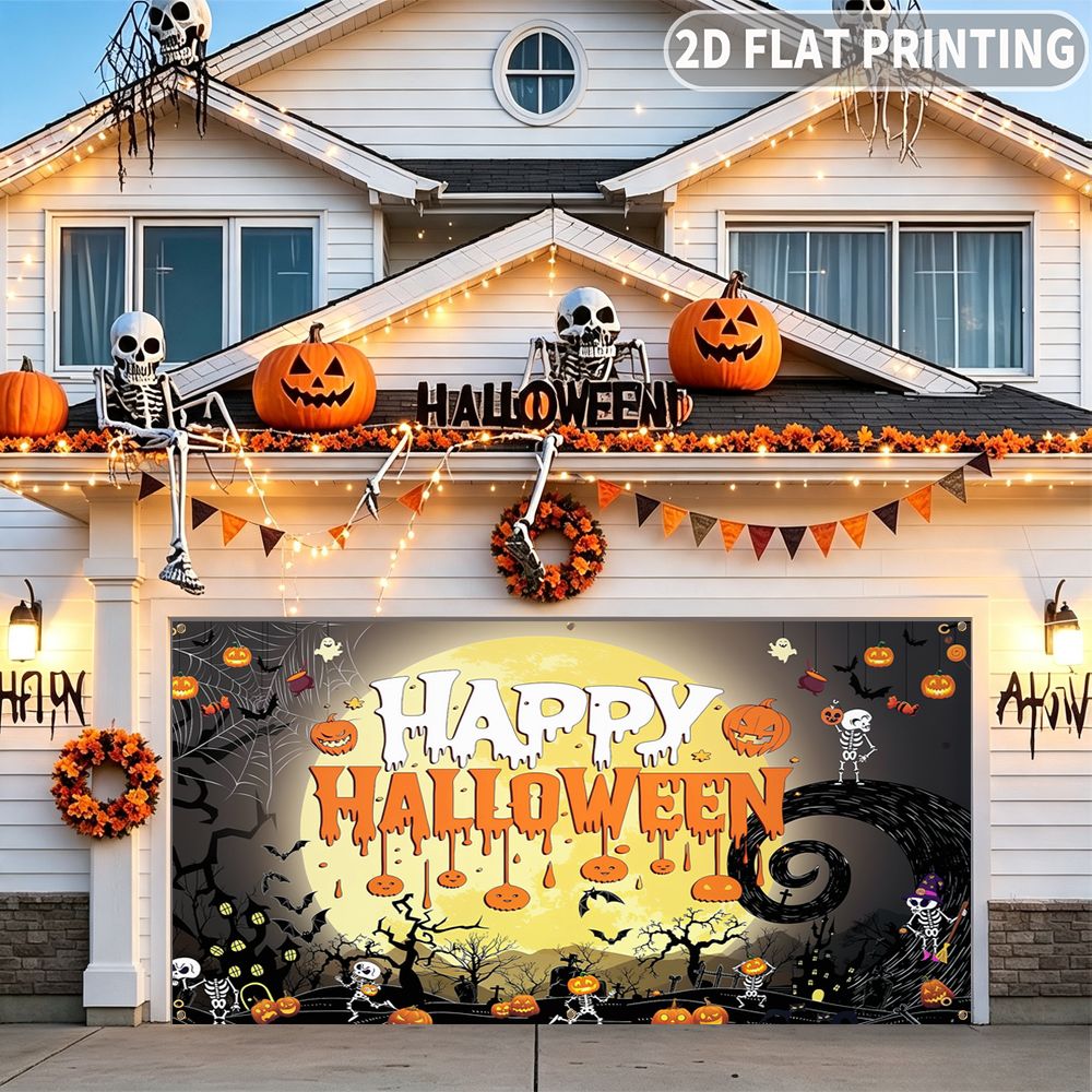 Halloween Skeleton Decoration - 2Dフラット ハロウィンパーティーガレージバナー 1枚、ハッピーハロウィン パンプキン スケルトン バット柄、装飾用ポリエステルバナー