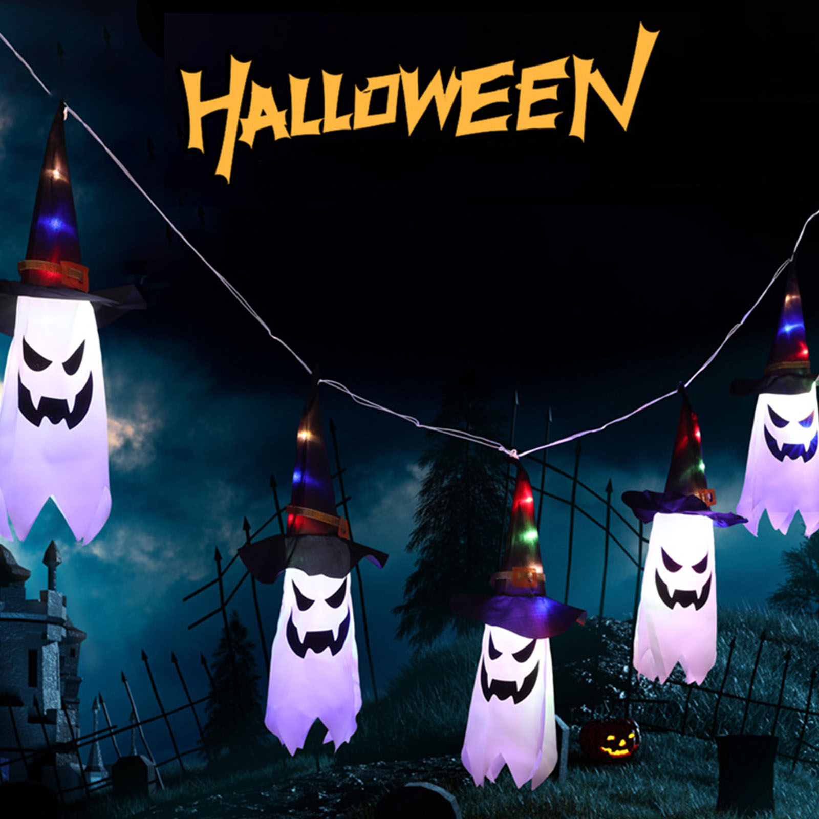 Halloween Led String Lights Orange - ハロウィーンの装飾用ライト。白い幽霊の飾り付き、オレンジ色のハロウィーン風かぼちゃの帽子を吊り下げて飾る、LEDストリングライト（5つの点灯モード）。