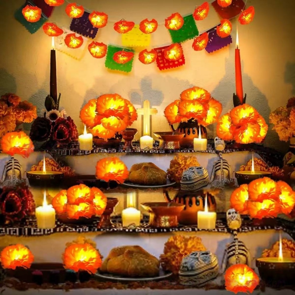 Halloween Led String Lights Orange - マリーゴールドフラワーLEDストリングライト、屋内外装飾ランプ、ハロウィン、メキシコフェスティバル、パーティー、寝室、リビングルームの装飾に