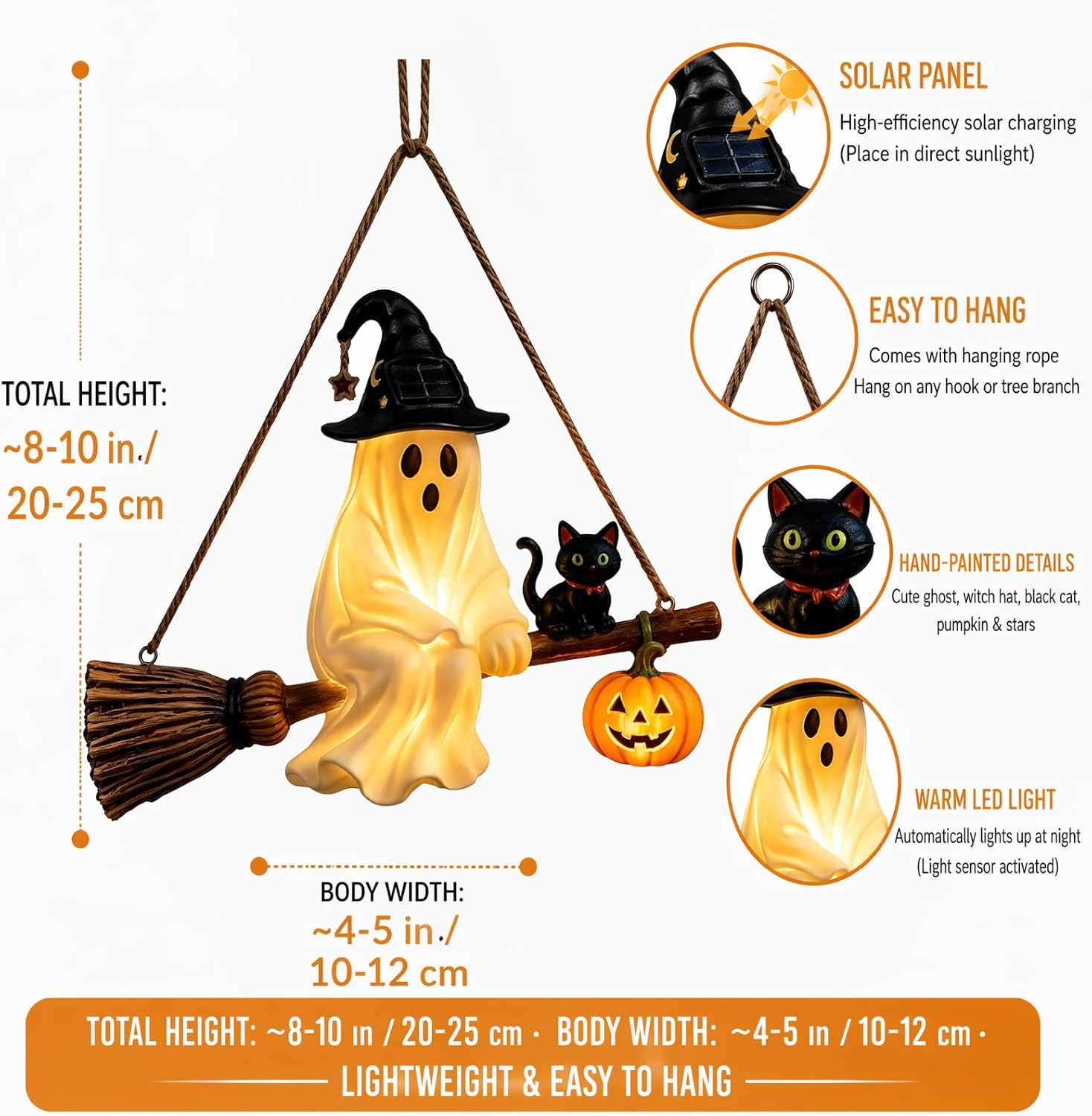 Pumpkin Lantern Halloween - 太陽光を模したお化けのシャンデリア、ハロウィーンのランタン、魔女のほうき、猫、カボチャのモチーフをあしらった樹脂製の装飾品。暖色系の光で、玄関、パティオ、庭、中庭を彩ります。