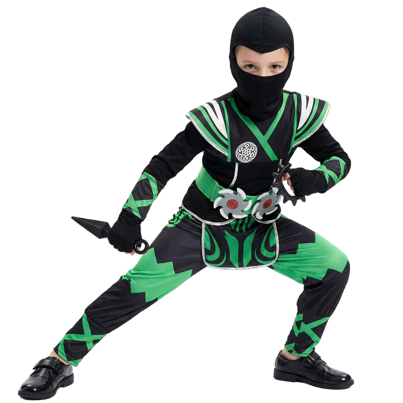 Halloween Costume Kids - 日本の忍者コスチュームセット 子供用 グリーンサムライドレスアップ 9ピースおもちゃギフト付き ハロウィンコスプレ 男の子/女の子