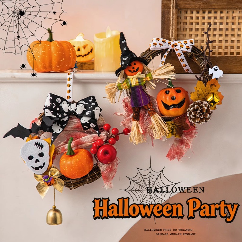 Halloween Pumpkin Decor Led - LEDライト付きハロウィーンリースDIYキット。かぼちゃ、お化け、骸骨のモチーフで、子供から大人まで楽しめる、秋のパーティーや家の装飾に最適なドア飾りセット。