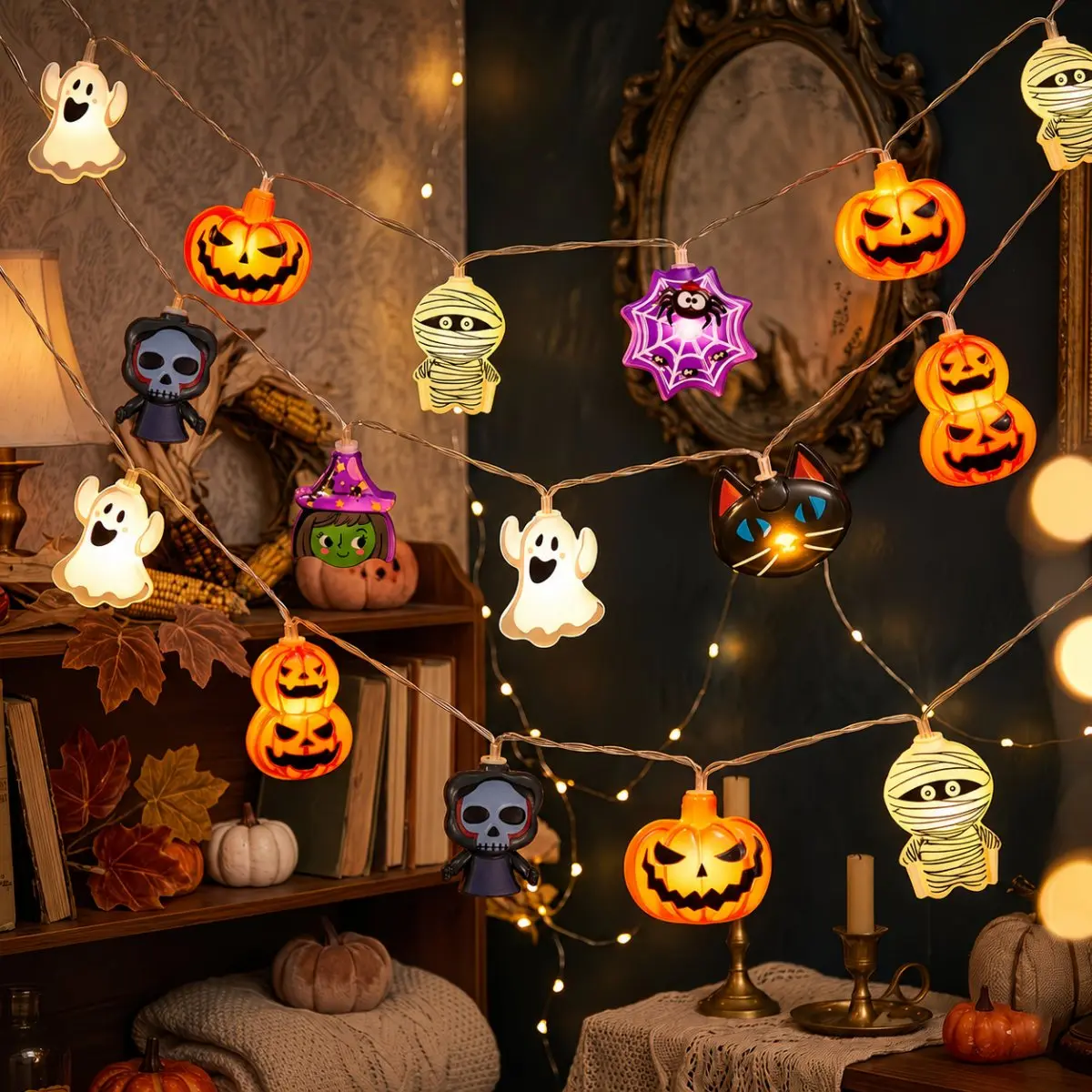 Halloween Pumpkin Decor Led - 1.5mのハロウィーンLEDイルミネーションライト。10個のLEDを搭載し、電池で点灯。お化け、カボチャ、クモ、ミイラ、骸骨、妖精のモチーフ。ホリデーパーティーの装飾に最適。