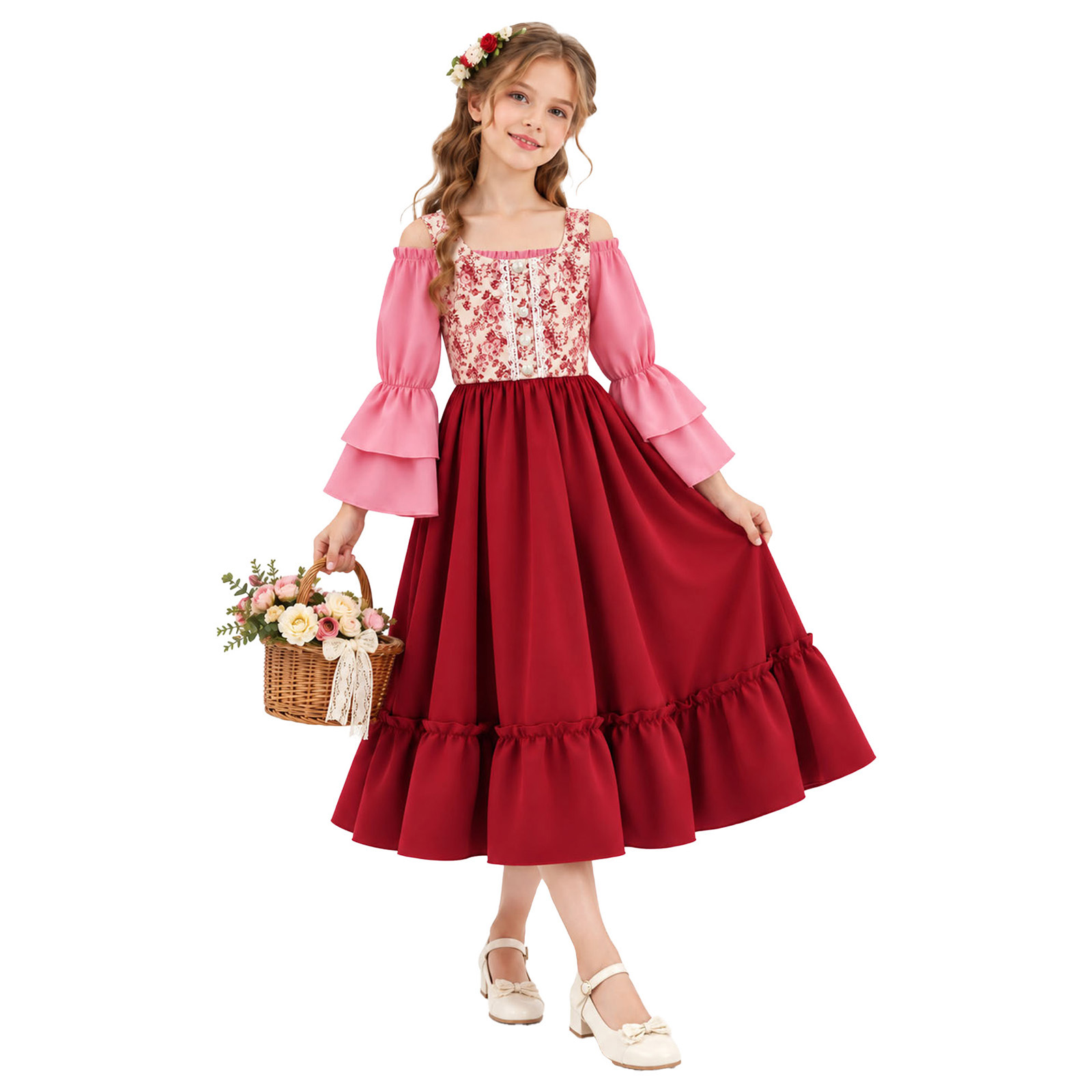 Halloween Costume Kids - 子供用、女の子向け、ルネサンス様式、中世風、アイルランド風、ヴィクトリア朝風、ヴィンテージ、ハロウィーン、コスプレ、フリル袖のドレス＋ベスト、レトロな仮装衣装