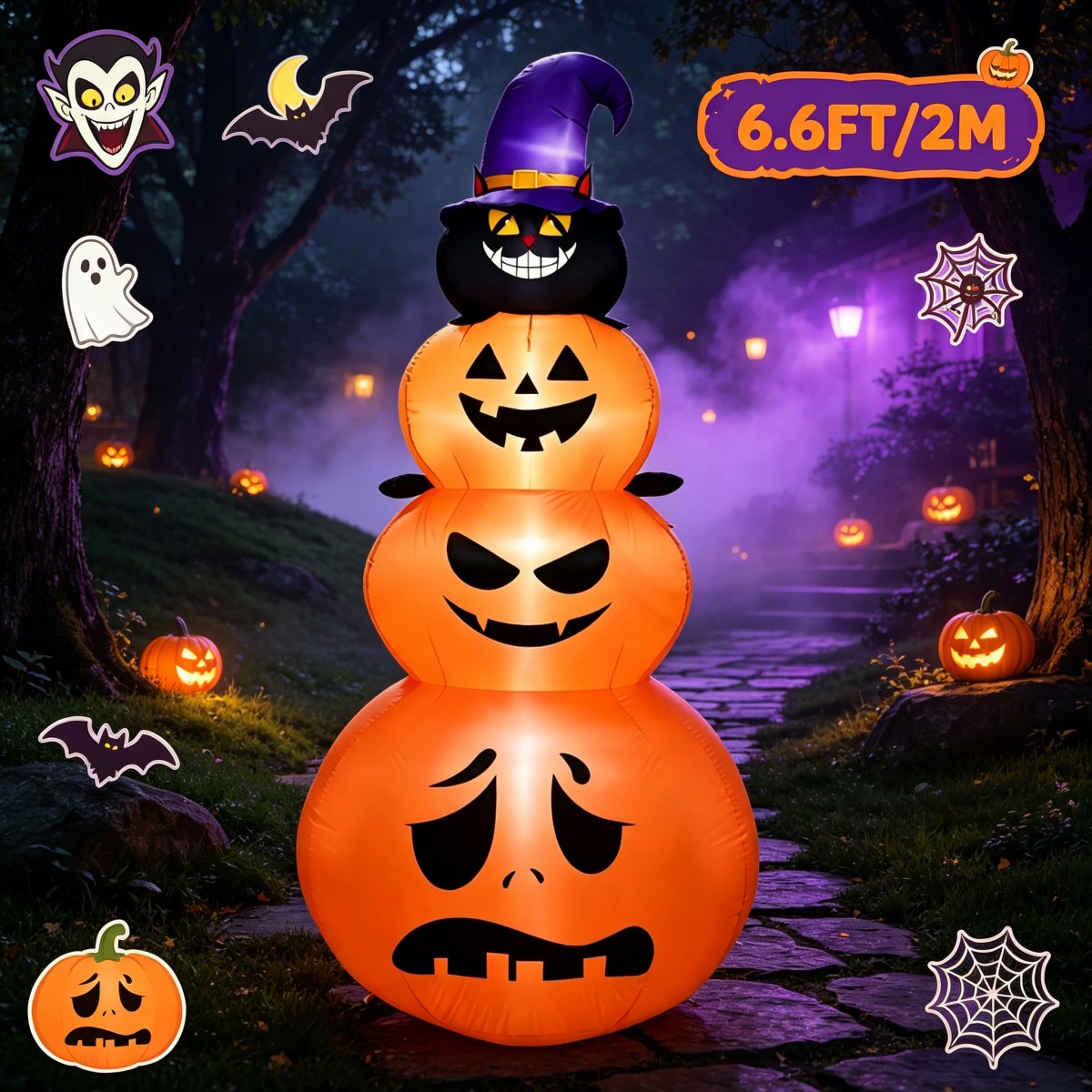 Halloween Pumpkin Decor Led - 屋外のホリデーデコレーション ハロウィン用インフレータブル スタックパンプキン ブラックキャット LEDライト付き 裏庭の屋外ディスプレイ用