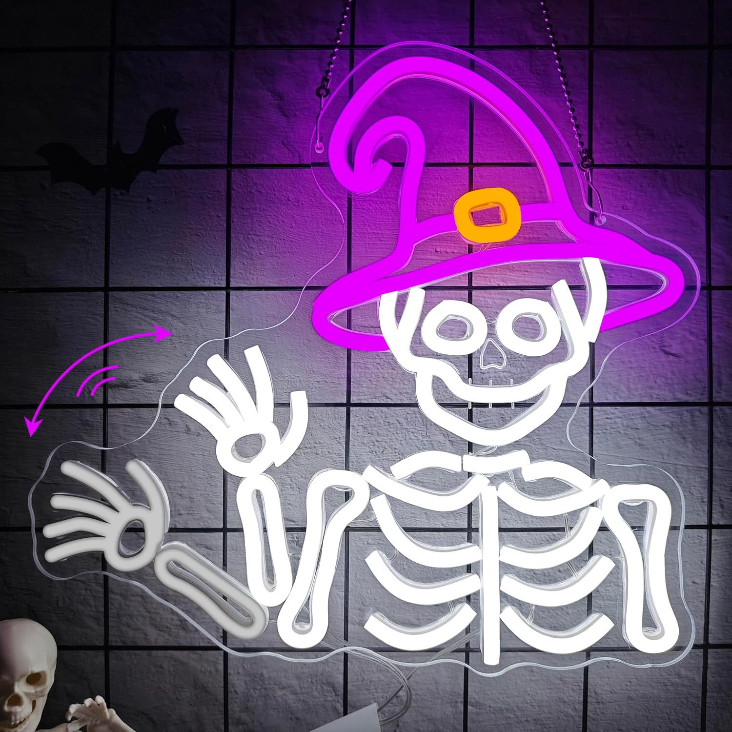 Halloween Skeleton Decoration - 可動式アームスケルトンLEDネオンサイン、USB電源ネオンライト、ハロウィンウォールアートデコレーション、ホームゲーミングルーム、バー、パーティー装飾ギフト