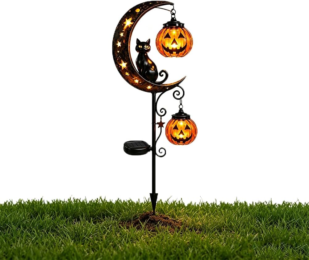 Pumpkin Lantern Halloween - ソーラーハロウィン黒猫パンプキンムーンガーデンステークライト、屋外防水LEDヤードデコレーション、三日月とジャック・オ・ランタン付き