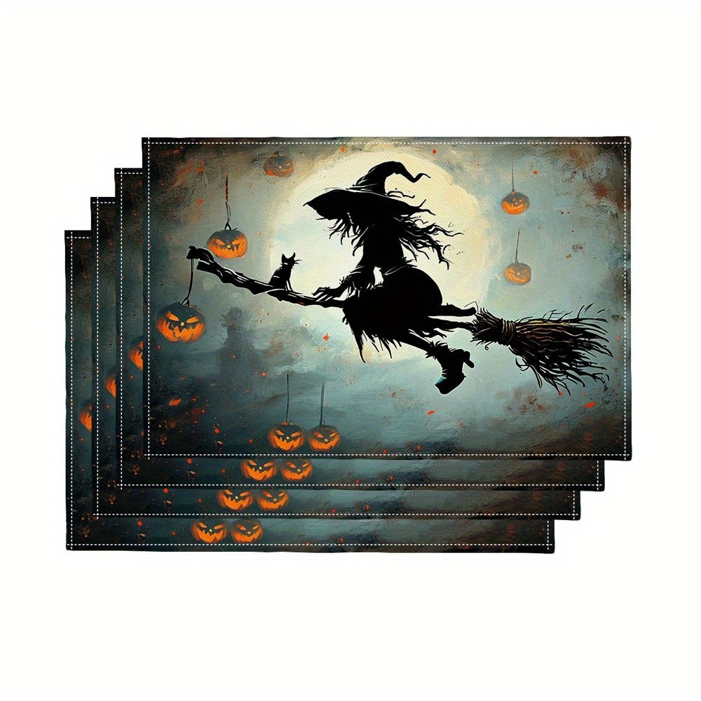 Pumpkin Lantern Halloween - 不気味なハロウィン魔女とジャック・オ・ランタンのプレースマット4枚セット、恐ろしいハロウィン魔女とカボチャのデザイン