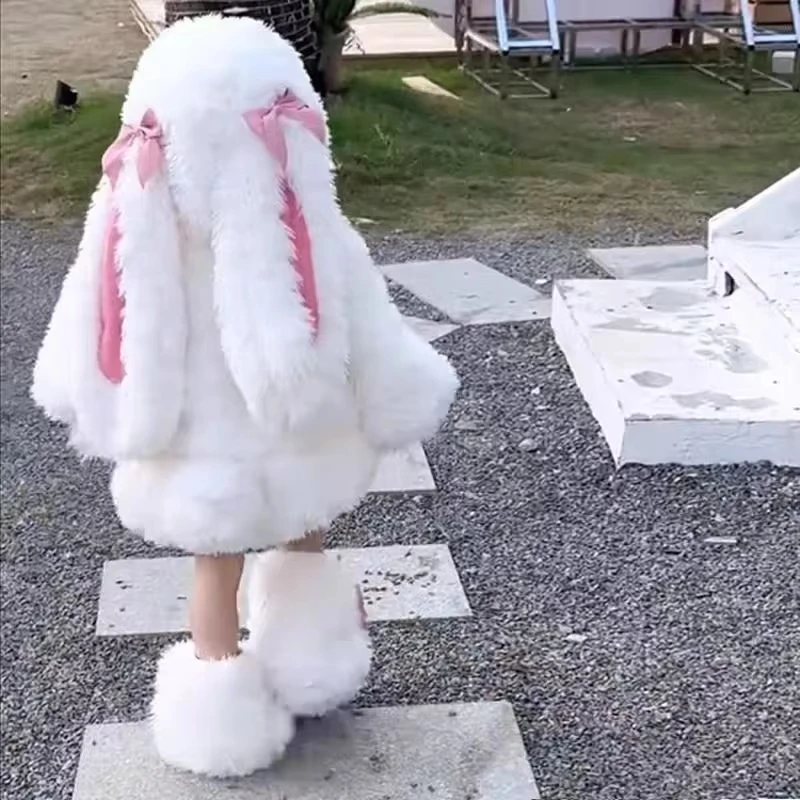 Halloween Costume Kids - 女の子の素敵な漫画ぬいぐるみウサギのコスプレ衣装かわいい子供冬暖かい白バニートップパンツ帽子ハロウィンパーティー衣装ギフト