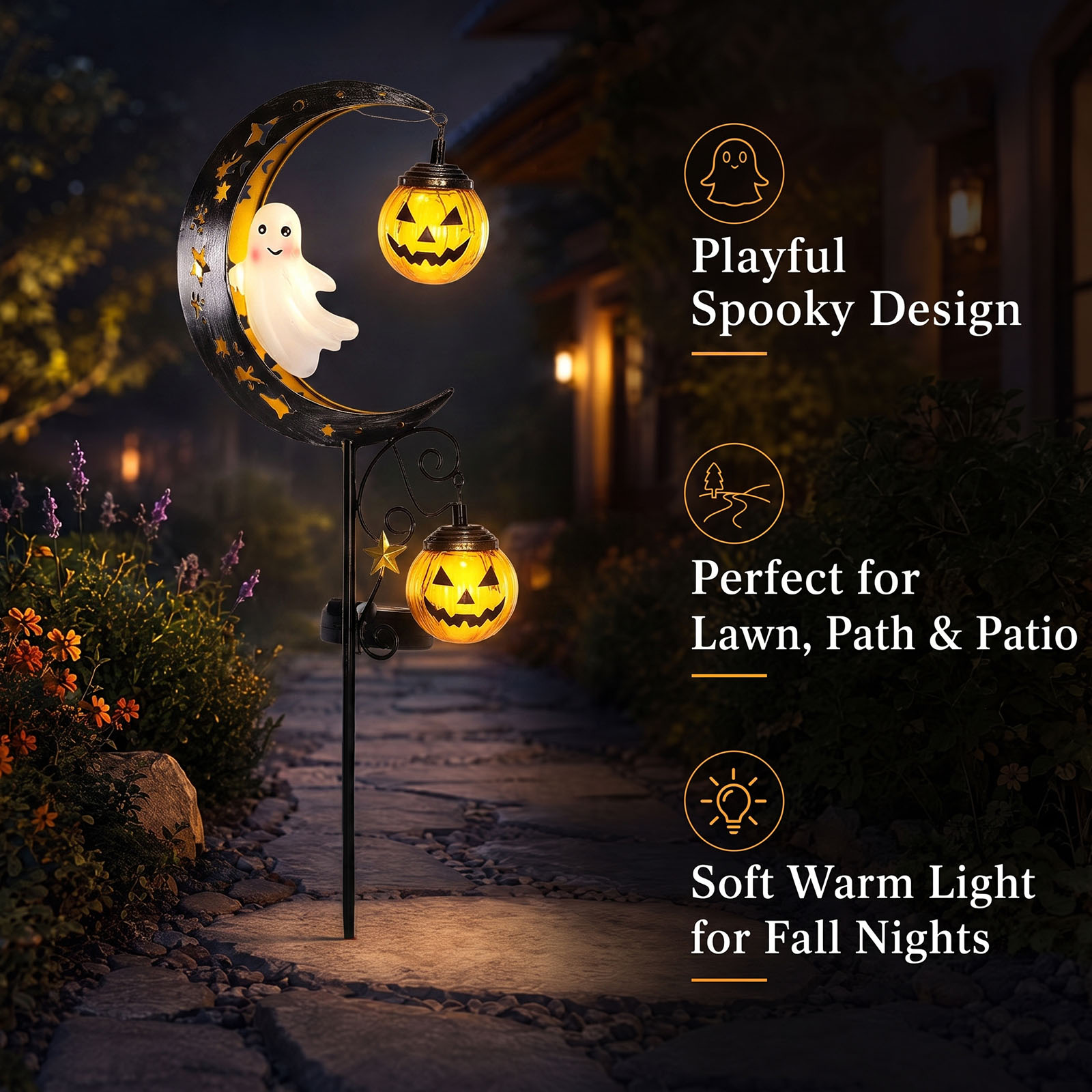 Halloween Pumpkin Decor Led - ハロウィンソーラーガーデンステークライト スカルゴーストムーンパンプキンスターズ 芝生通路用屋外秋の金属装飾