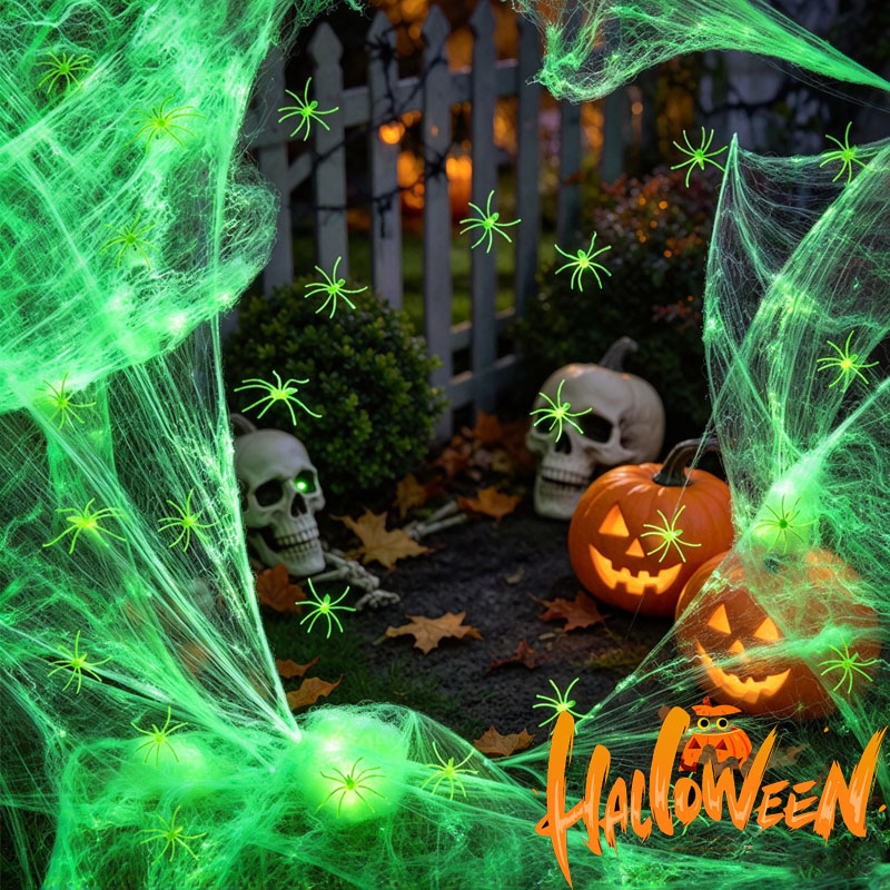 Spider Web Halloween Decoration - 1～5個入り ハロウィーン用 光る蜘蛛の巣 蛍光シルク製 デコレーション。屋内・屋外でのホラーシーンやパーティーの装飾に。