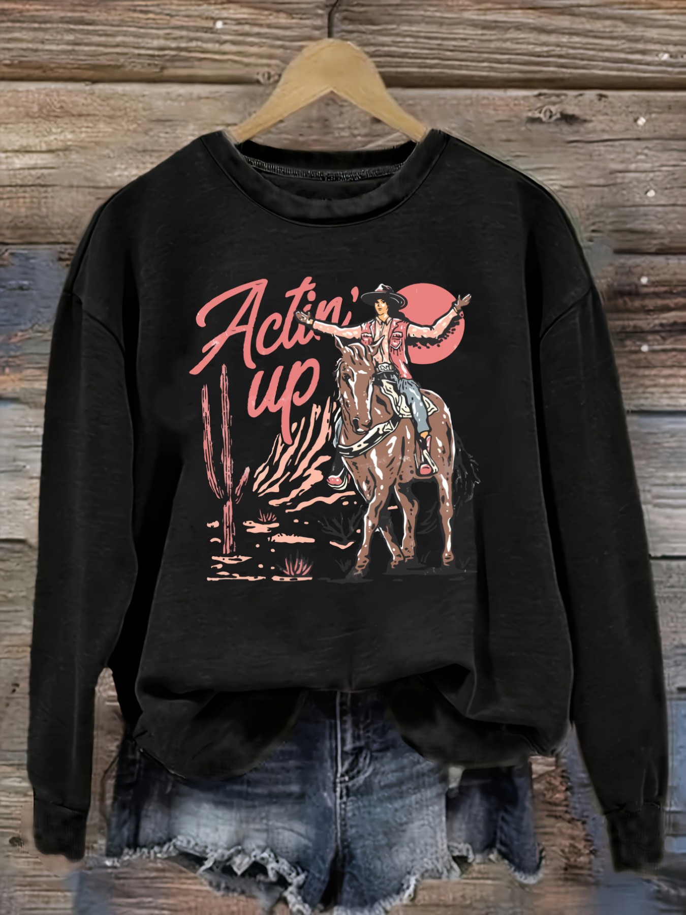 Halloween Costume Adult - レディースカジュアル長袖クルーネックTシャツ、カウボーイ馬柄プリントデザイン、ラウンドネック婦人服、洗濯機で洗える、やや伸縮性あり、ゆったりフィット、春・秋・冬用レディースTシャツ、ハロウィンコスチューム衣装