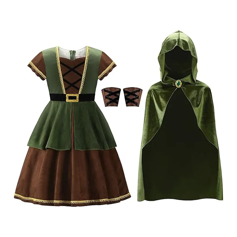 子供中世フード付きマントドレス手首ガード付き女の子グリーン魔 - Halloween Costume Kids のレビューと価格