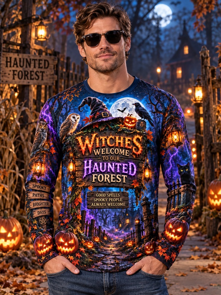 メンズ ハロウィン 魔女柄 魔法の森 長袖Tシャツ フクロウ - Pumpkin Lantern Halloween のレビューと価格