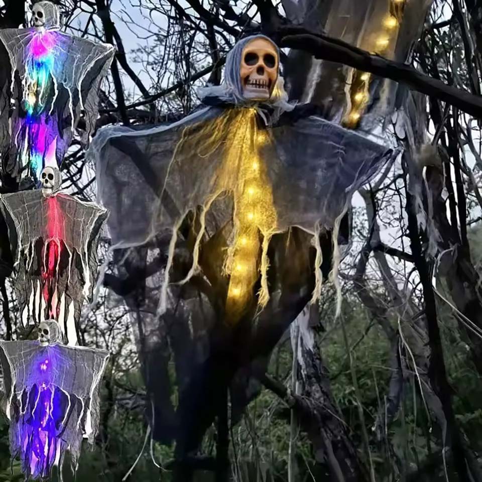 ハロウィン光るスカルスケルトンガーゼ吊り下げゴースト、屋内外 - Halloween Skeleton Decoration のレビューと価格