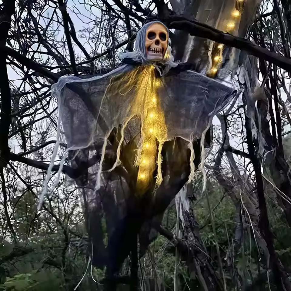 ハロウィン光るスカルスケルトンガーゼ吊り下げゴースト、屋内外 - Halloween Skeleton Decoration のレビューと価格