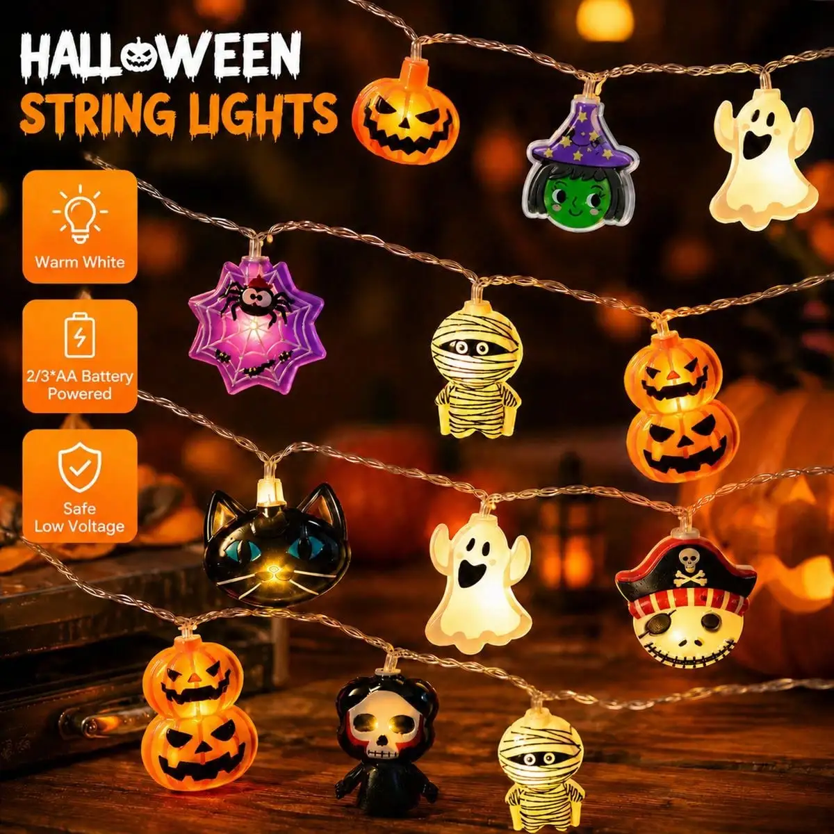 1.5mのハロウィーンLEDイルミネーションライト。10個の - Halloween Pumpkin Decor Led のレビューと価格