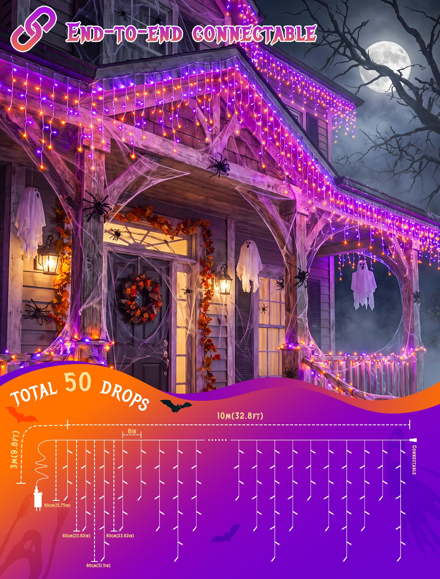 ハロウィンアイシクルライト（屋外用）、300個のLEDパープ - Halloween Led String Lights Orange のレビューと価格