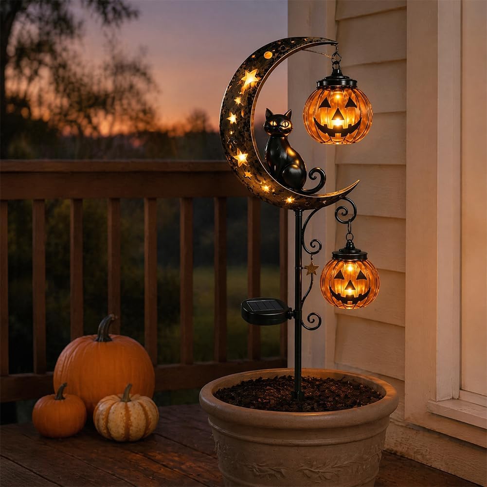 ソーラーハロウィン黒猫パンプキンムーンガーデンステークライト - Pumpkin Lantern Halloween のレビューと価格