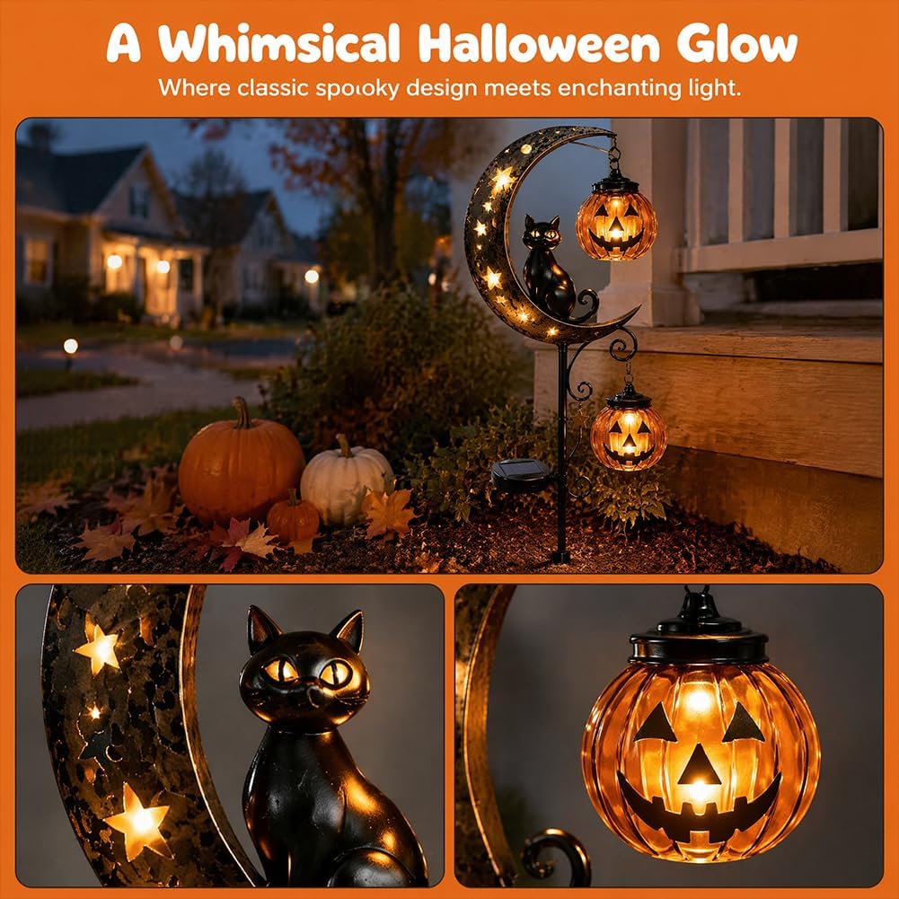 ソーラーハロウィン黒猫パンプキンムーンガーデンステークライト - Pumpkin Lantern Halloween のレビューと価格