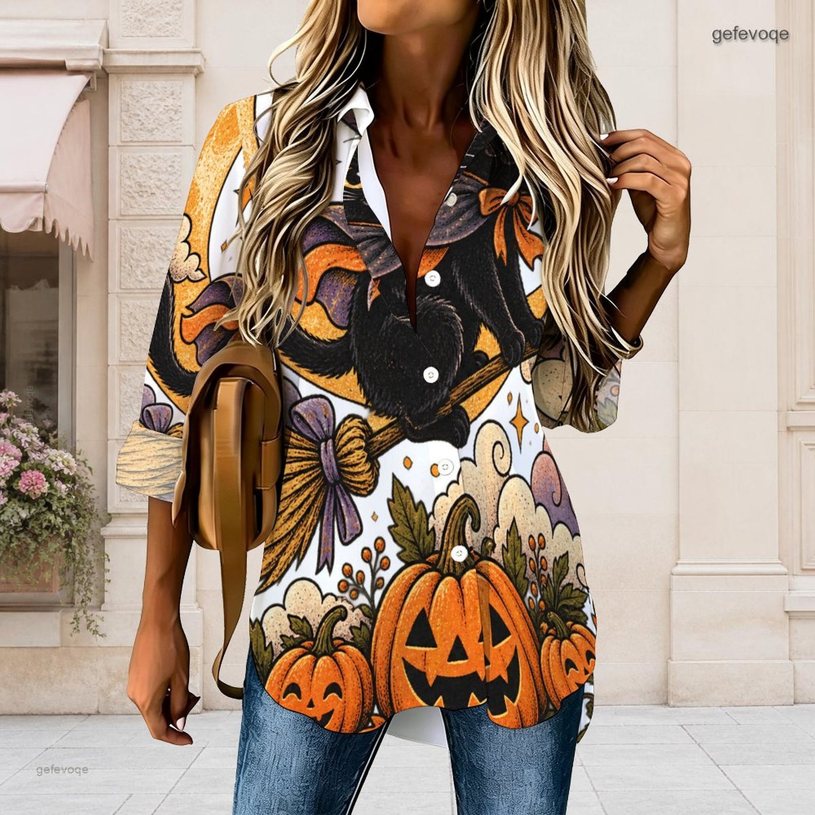 ハロウィーン柄の女性用シャツ。襟付き、黒猫、ほうき、ジャック - Pumpkin Lantern Halloween のレビューと価格
