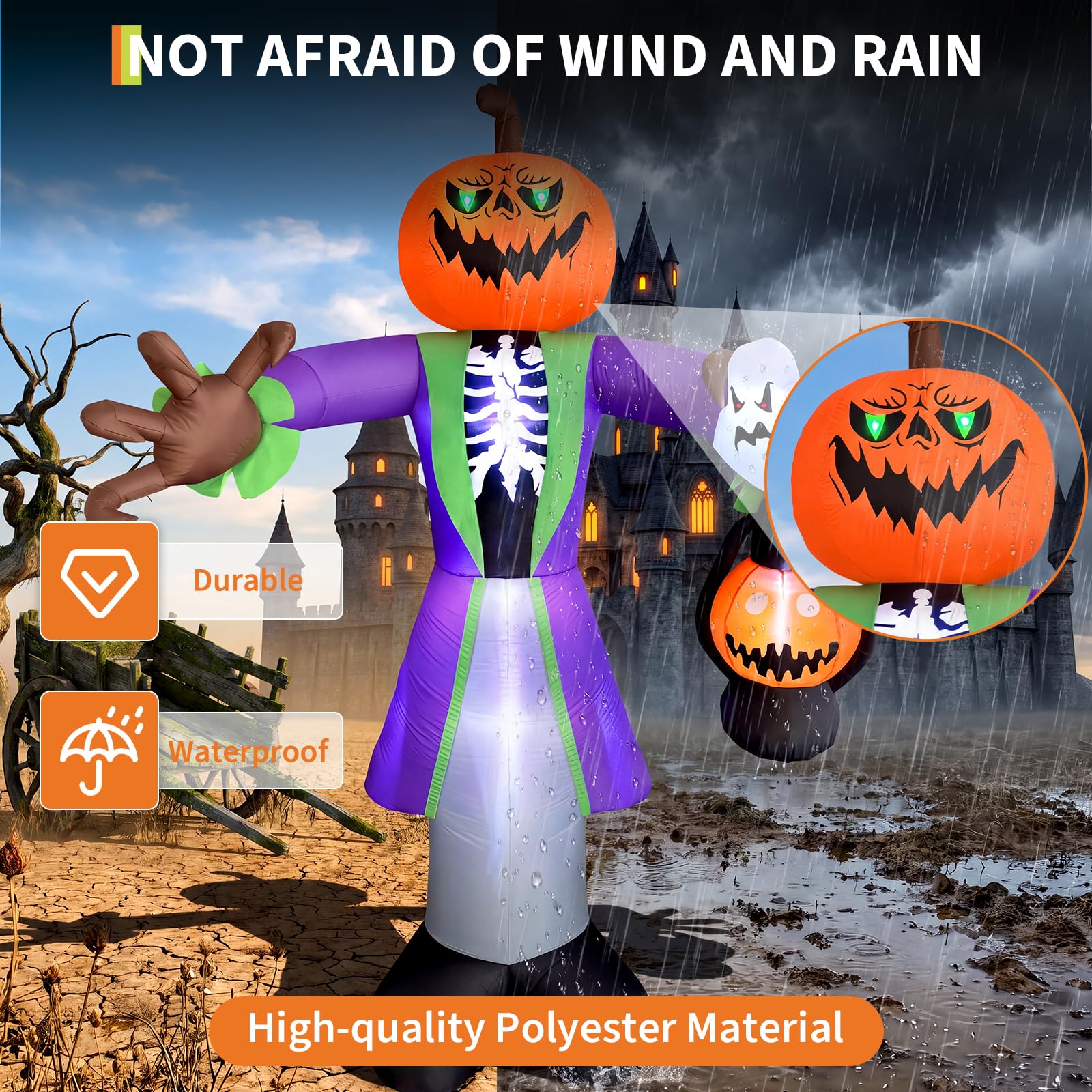 高さ約2.4mのLEDライト付きハロウィーン用インフレータブ - Pumpkin Lantern Halloween のレビューと価格
